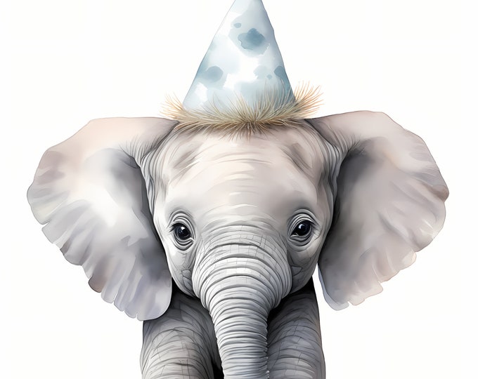 Elephant Clipart, Elephant with Party Hat Images, 10 Watercolor Clip Art, Printable JPGs, Instant Download, Commercial Use, Paper craft
