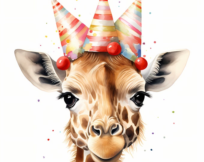 Giraffe Clipart, Giraffe with Party Hat Images, 10 Watercolor Clip Art, Printable JPGs, Instant Download, Commercial Use, Paper craft