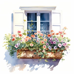 Imágenes de ventanas de primavera, imágenes de jardineras con flores, 10 imágenes de acuarela, archivos JPG imprimibles, descarga instantánea, uso comercial, manualidades de papel