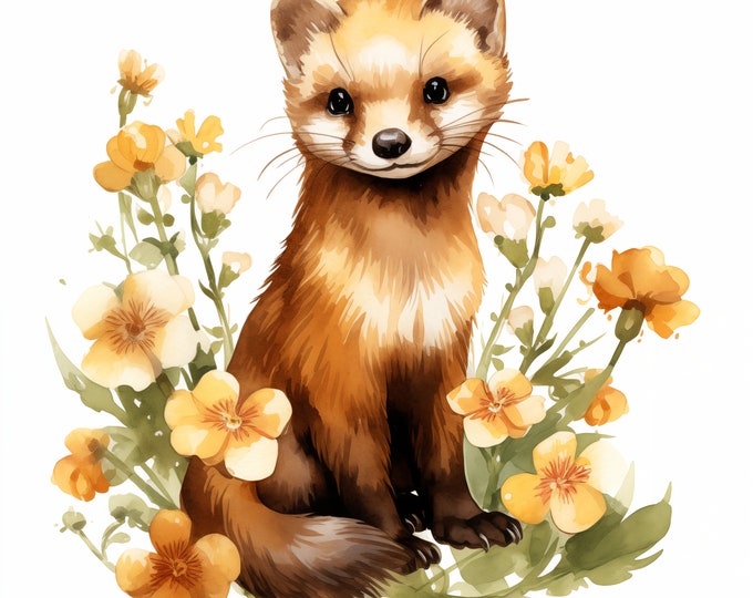 Marten Clipart, Marten with Flowers Images, 10 Watercolor Clip Art, Printable JPGs, Instant Download, Commercial Use, Paper craft