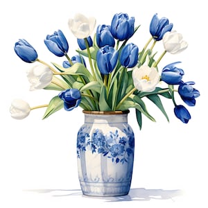 Tulips in Blue Jar Clipart, Tulips Bouquet Images, 10 Watercolor Clip Art, Printable JPGs, Instant Download, Commercial Use, Paper craft