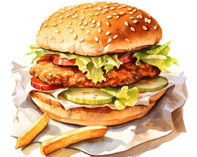 Fast Food Clipart, Hamburger Images, 10 Watercolor Clip Art, Printable JPGs, Instant Download, Commercial Use, Paper craft
