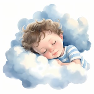 Clipart di un bambino che dorme, immagini di un neonato che dorme tra le nuvole, 10 clipart ad acquerello, JPG stampabili, download istantaneo, uso commerciale, creazione di carta