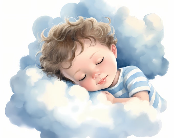 Baby Sleeping Clipart, Infant Sleep in Clouds Images, 10 Watercolor Clip Art, Printable JPGs, Instant Download, Commercial Use, Paper craft