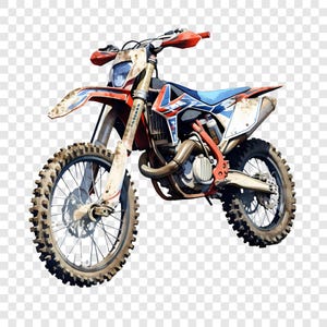 May include: A dirt bike with a red, white, and blue color scheme. The motorcycle has large, knobby tires, a blue seat, and orange handlebars. The bike appears to be used, with visible dirt and wear.