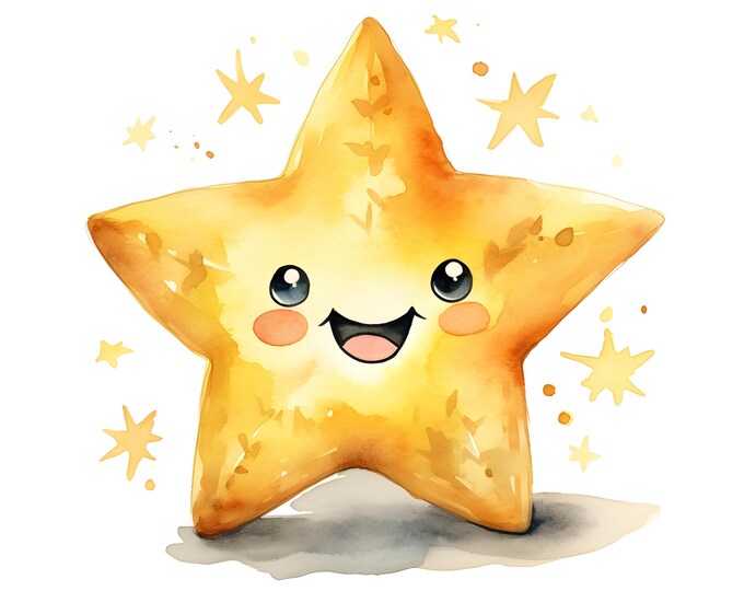 Star With Face Clipart, Cartoon Stars Images, 10 Watercolor Clip Art, Printable JPGs, Instant Download, Commercial Use, Paper craft