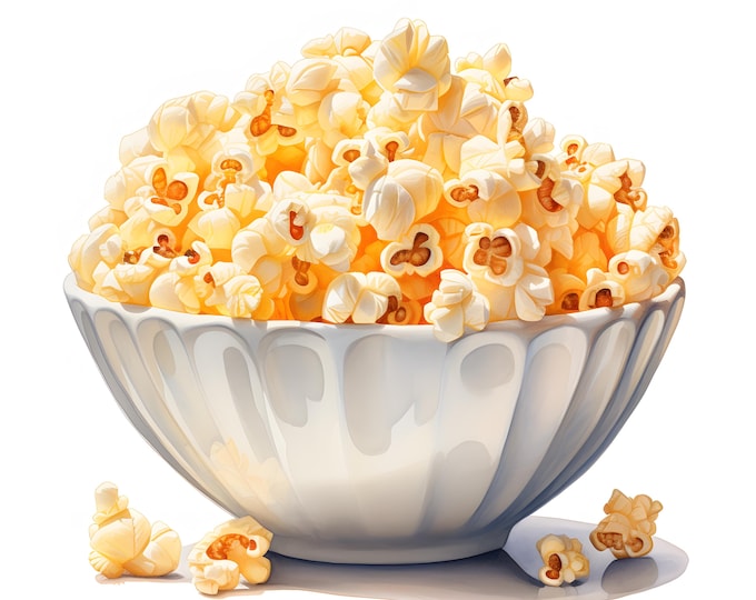 Popcorn Clipart, Popcorn On Bowl Images, 10 Watercolor Clip Art, Printable JPGs, Instant Download, Commercial Use, Paper craft