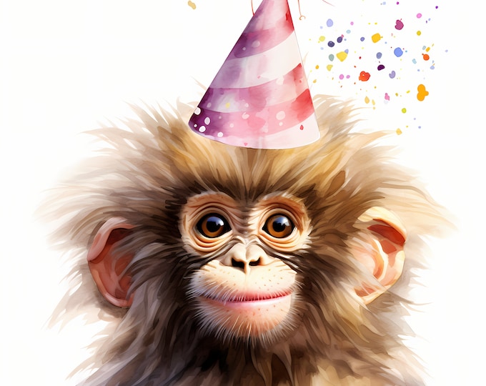 Monkey Clipart, Monkey with Party Hat Images, 10 Watercolor Clip Art, Printable JPGs, Instant Download, Commercial Use, Paper craft