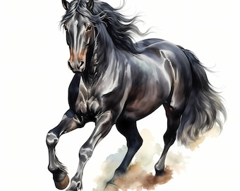 Watercolor Black Stallion Clipart: 10 JPG Images (Commercial Use)