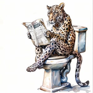 Clipart luipaard, afbeeldingen luipaard op het toilet, 10 aquarel illustraties, afdrukbare JPG's, Instant Download, Commercieel gebruik, Papercraft