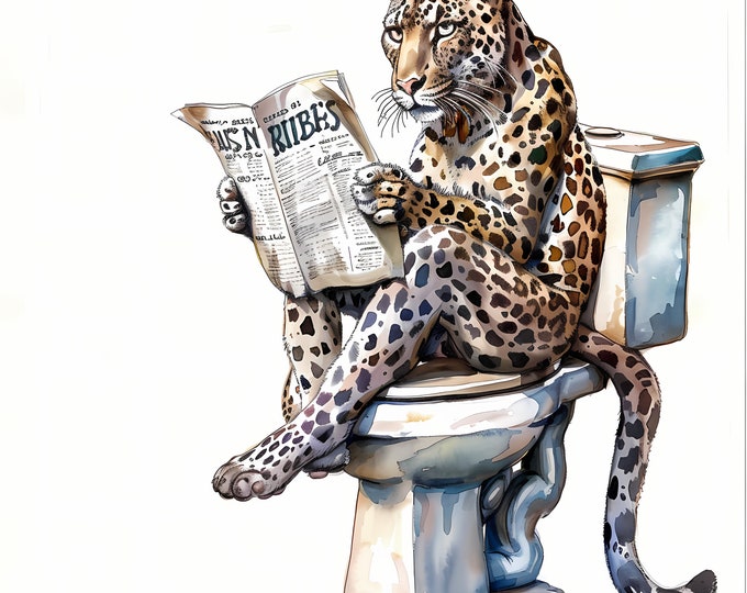 Leopard Clipart, Leopard on the Toilet Images, 10 Watercolor Clip Art, Printable JPGs, Instant Download, Commercial Use, Paper craft