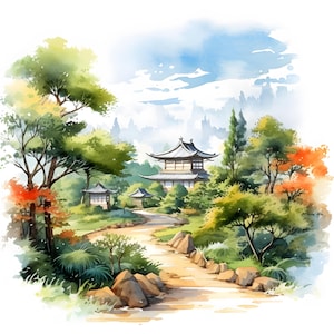 Japanese Landscape Clipart, Japan Scene Images, 10 Watercolor Clip Art, Printable JPGs, Instant Download, Commercial Use, Paper craft