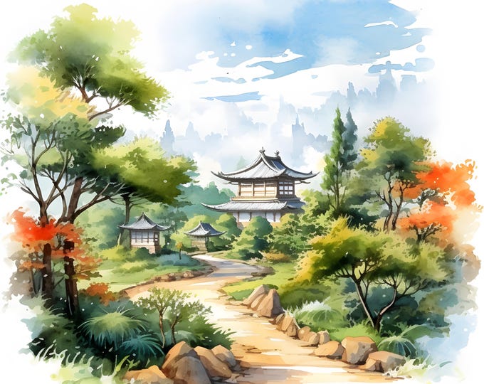 Japanese Landscape Clipart, Japan Scene Images, 10 Watercolor Clip Art, Printable JPGs, Instant Download, Commercial Use, Paper craft