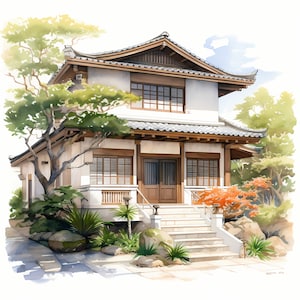 Clipart Japans huis, afbeeldingen van traditionele Aziatische huizen, 10 aquarel illustraties, afdrukbare JPG's, Instant Download, commercieel gebruik