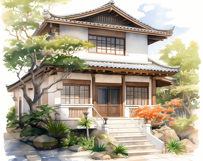 Japanese House Clipart, Traditional Asian Houses Images, 10 Watercolor Clip Art, Printable JPGs, Instant Download, Commercial Use