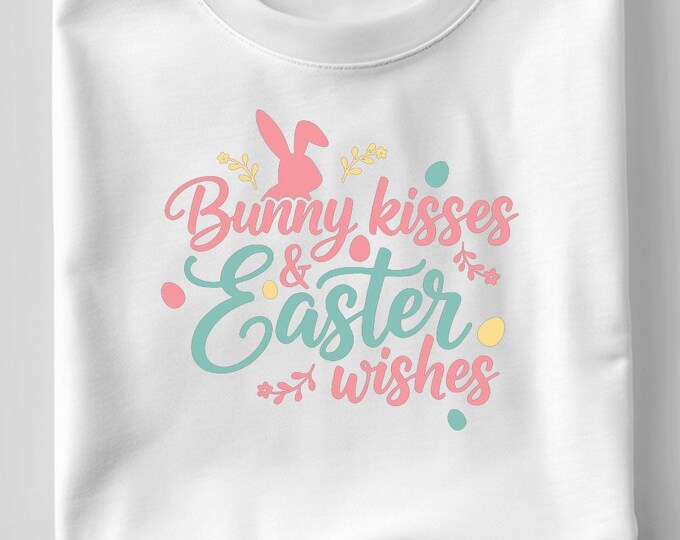 Bunny Kisses and Easter Wishes SVG, Cute Bunny and Egg T-Shirt Print, Pastel Holiday DXF PNG Design for Cricut Silhouette
