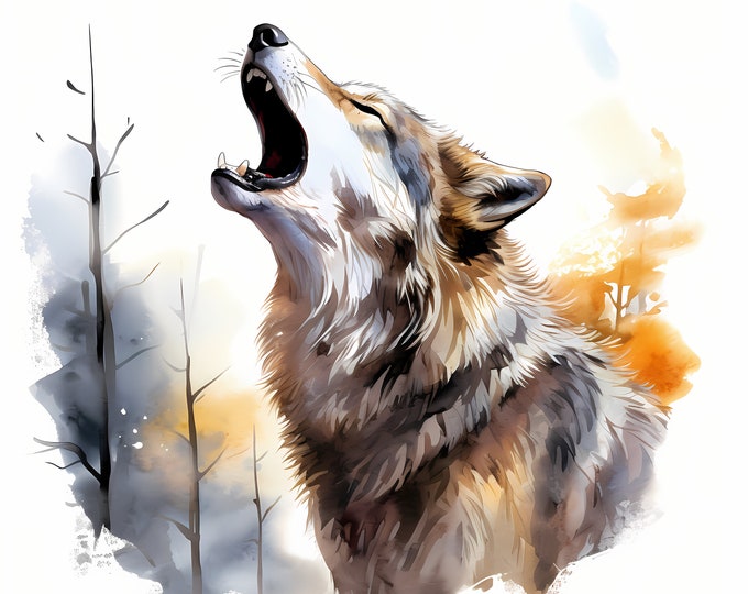 Howling Wolf Clipart, Wolf in Forest Images, 10 Watercolor Clip Art, Printable JPGs, Instant Download, Commercial Use, Paper craft