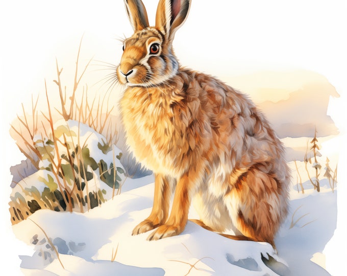 Snow Hare Clipart, Hare in Winter Images, 10 Watercolor Clip Art, Printable JPGs, Instant Download, Commercial Use, Paper craft
