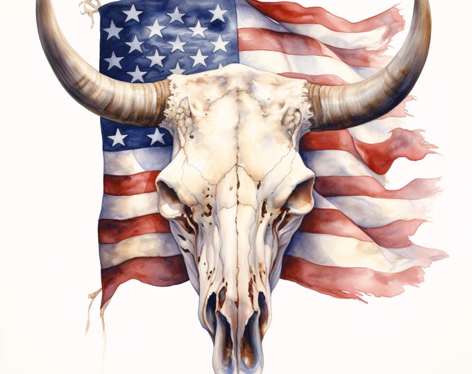 American Cow Skull Clipart, Western Flag Images, 10 Watercolor Clip Art, Printable JPGs, Instant Download, Commercial Use, Paper craft