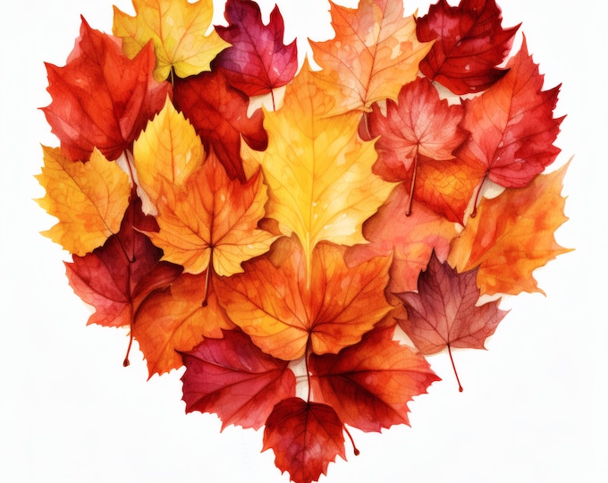 Autumn Leaves Heart Clipart, Fall Foliage Images, 10 Watercolor Clip Art, Printable JPGs, Instant Download, Commercial Use, Paper Craft