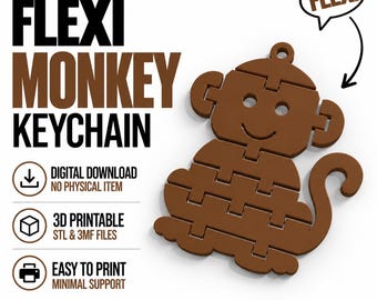 May include: A brown articulated monkey keychain with a segmented design. Text includes FLEXI MONKEY KEYCHAIN, FLEX!, DIGITAL DOWNLOAD NO PHYSICAL ITEM, 3D PRINTABLE STL & 3MF FILES, EASY TO PRINT MINIMAL SUPPORT, and FIDGET FUN RELIEF.