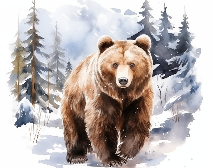 Brown Bear Clipart, Bear in Winter Images, 13 Watercolor Clip Art, Printable JPGs, Instant Download, Commercial Use, Paper craft