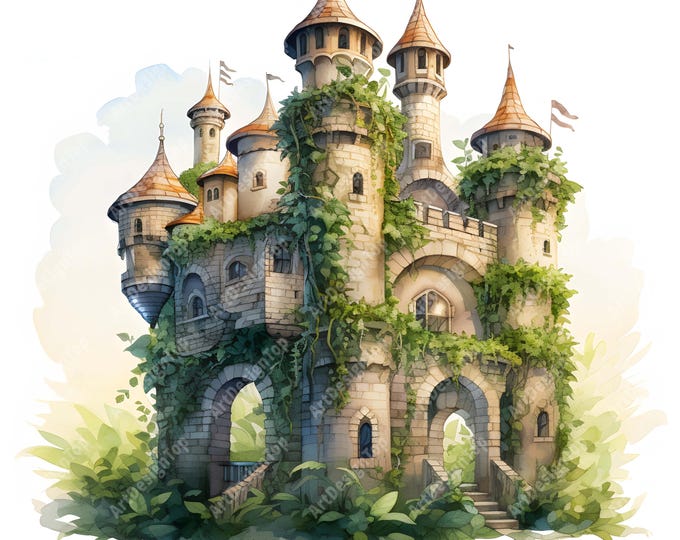 Fantasy Castle Clipart, Castle with Tall Ivy Images, 10 Watercolor Clip Art, Printable JPGs, Instant Download, Commercial Use, Paper craft