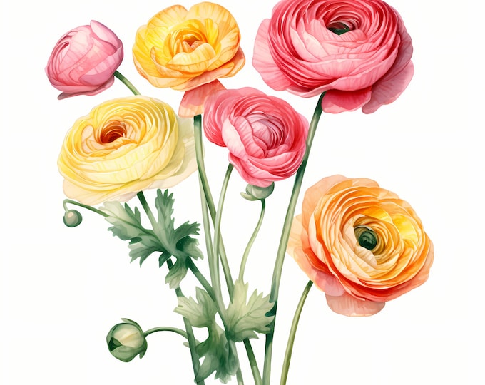 Ranunculus Clipart, Flowers Bouquet Images, 10 Watercolor Clip Art, Printable JPGs, Instant Download, Commercial Use, Paper craft