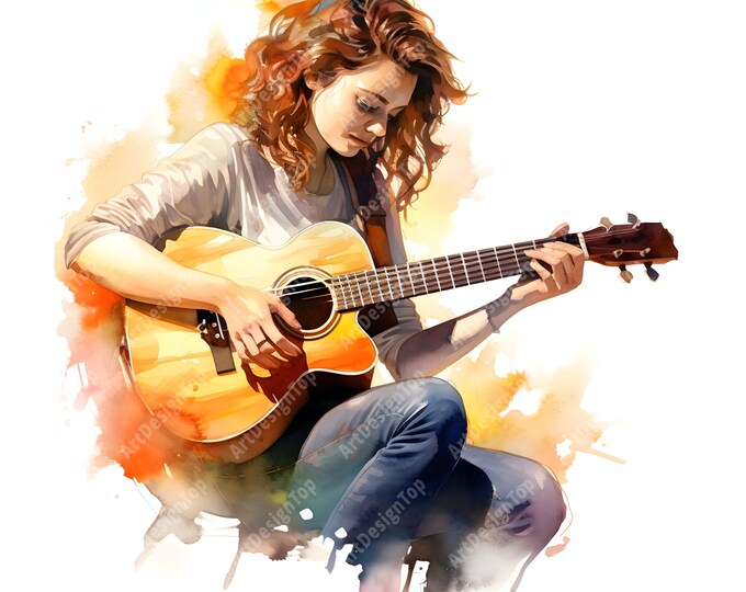 Woman Playing Clipart, Woman With Guitar Images, 10 Watercolor Clip Art, Printable JPGs, Instant Download, Commercial Use, Paper craft