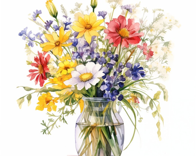 Wildflowers Vase Clipart, Vase of Flowers Images, 10 Watercolor Clip Art, Printable JPGs, Instant Download, Commercial Use, Paper craft