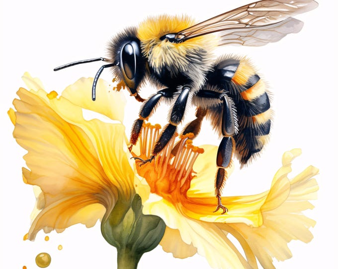 Bumblebee Flower Clipart, Honey Bee Images, 10 Watercolor Clip Art, Printable JPGs, Instant Download, Commercial Use, Paper Craft