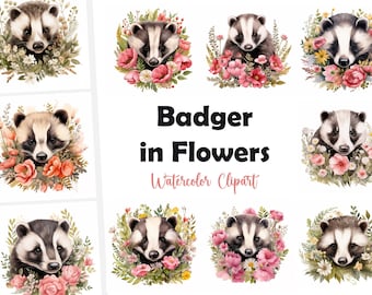 10 Badger, Badger with Flowers JPG, Watercolor Clipart, High Quality JPGs, Digital Download, High Resolution, Commercial Use
