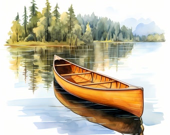 Watercolor Canoe Clipart: Lake Landscape Images (JPG Digital Download)