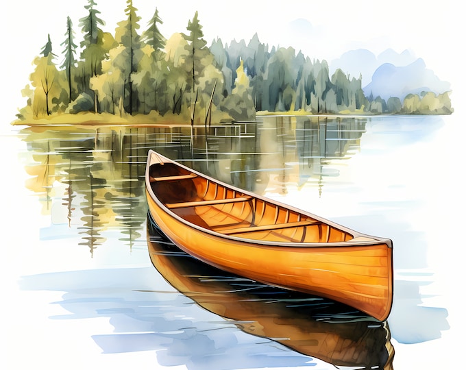 Canoe Clipart, Canoe in Lake Images, 10 Watercolor Clip Art, Printable JPGs, Instant Download, Commercial Use, Paper craft