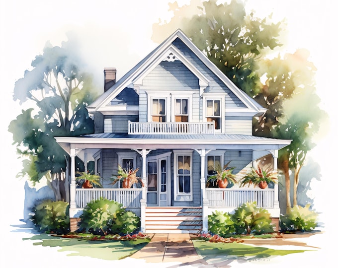 Watercolor Southern House Clipart: Vintage Blue Home Art (JPG Download, Commercial Use)