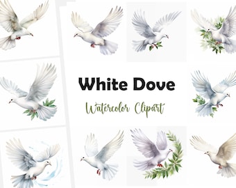 White Dove Clipart, Peace Dove Images, 10 Watercolor Clip Art, Printable JPGs, Instant Download, Commercial Use, Paper craft
