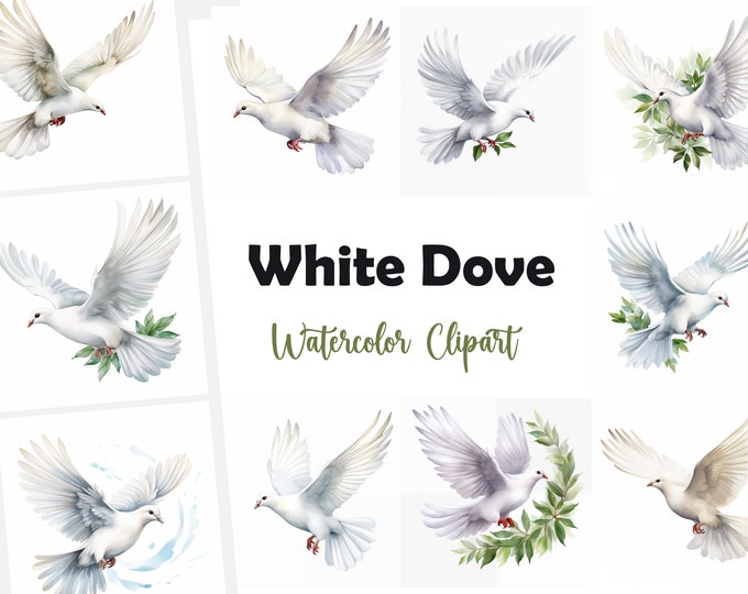 White Dove Clipart, Peace Dove Images, 10 Watercolor Clip Art, Printable JPGs, Instant Download, Commercial Use, Paper craft
