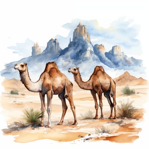 Clipart di cammelli, immagini di cammelli nel deserto, 10 clipart ad acquerello, JPG stampabili, download immediato, uso commerciale, artigianato di carta
