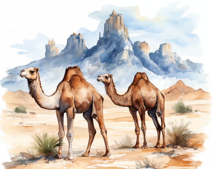 Camels Clipart, Camels In Desert Images, 10 Watercolor Clip Art, Printable JPGs, Instant Download, Commercial Use, Paper craft