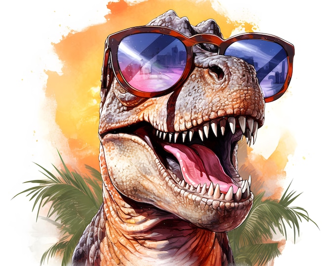 T-Rex with Sunglasses Clipart, Cool Dinosaur Images, 10 Watercolor Clip Art, Printable JPGs, Instant Download, Commercial Use, Paper craft