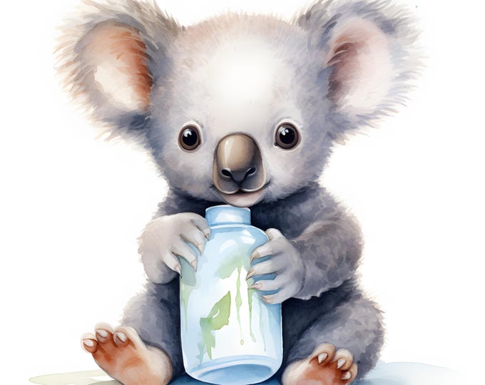 Baby Koala Clipart, Koala with Bottle Images, 10 Watercolor Clip Art, Printable JPGs, Instant Download, Commercial Use, Paper craft