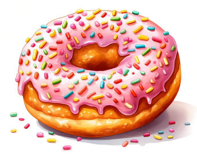 Tasty Doughnut Clipart, Donut with Sprinkles Images, 10 Watercolor Clip Art, Printable JPGs, Instant Download, Commercial Use, Paper craft