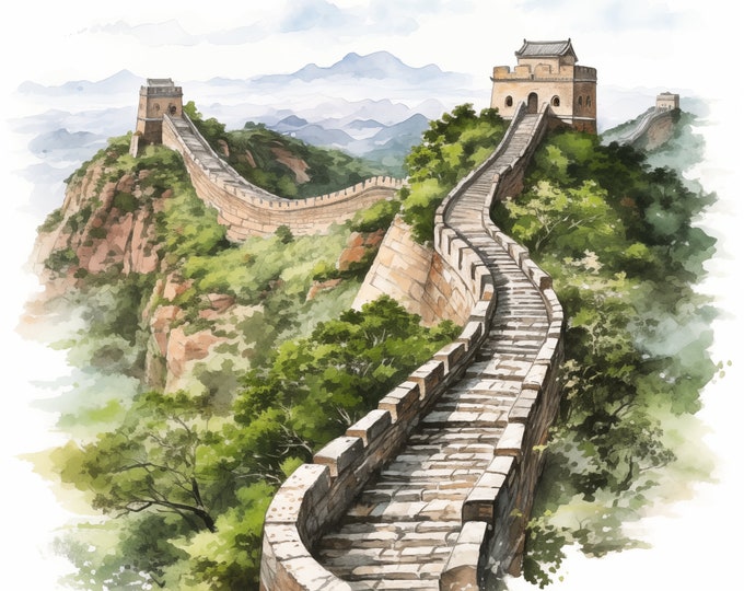 Great Wall Clipart, China Wall Landscape Images, 10 Watercolor Clip Art, Printable JPGs, Instant Download, Commercial Use, Paper craft