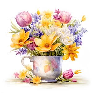 Clipart di fiori in tazza, immagini di fiori primaverili, 10 clipart di acquerelli, JPG stampabili, download immediato, uso commerciale, artigianato di carta