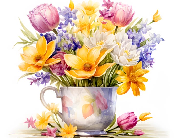 Flowers In Cup Clipart, Spring Flowers Images, 10 Watercolor Clip Art, Printable JPGs, Instant Download, Commercial Use, Paper craft