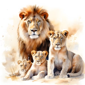 Clipart famille de lions, images de lion et de lionne, 10 images clipart aquarelle, fichiers JPG imprimables, téléchargement immédiat, usage commercial, créations en papier