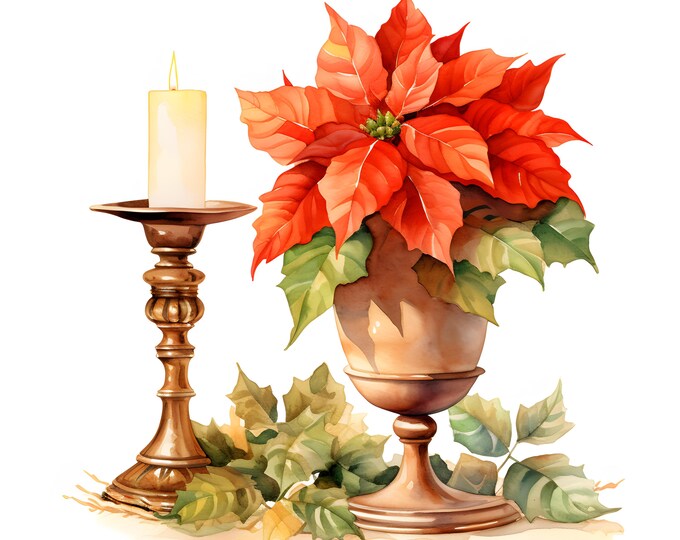 Poinsettia With Candlestick Clipart, Copper Candlestick Images, 10 Watercolor Clip Art, Printable JPGs, Instant Download, Commercial Use
