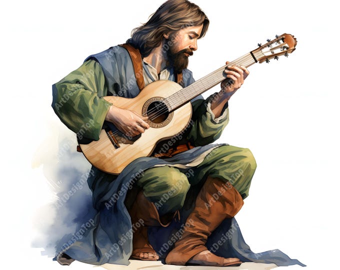 Medieval Bard Clipart, Bard With Lute Images, 10 Watercolor Clip Art, Printable JPGs, Instant Download, Commercial Use, Paper craft