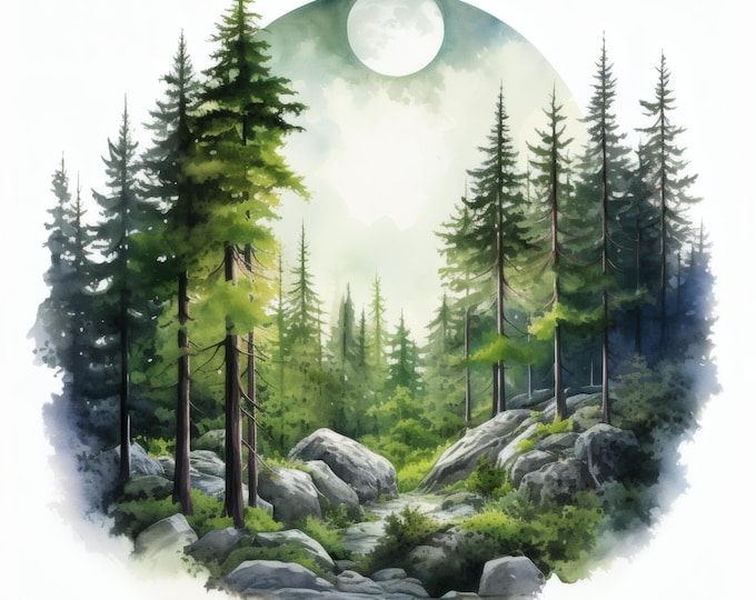 Forest Landscape Clipart, Woodland Path Images, 10 Watercolor Clip Art, Printable JPGs, Instant Download, Commercial Use, Paper Craft