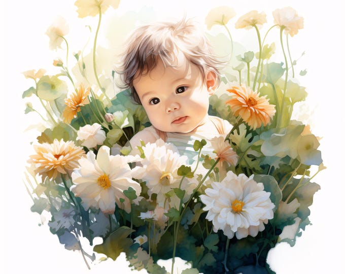 Baby Floral Clipart: Watercolor Newborn Images (JPG Digital Download, Commercial Use)
